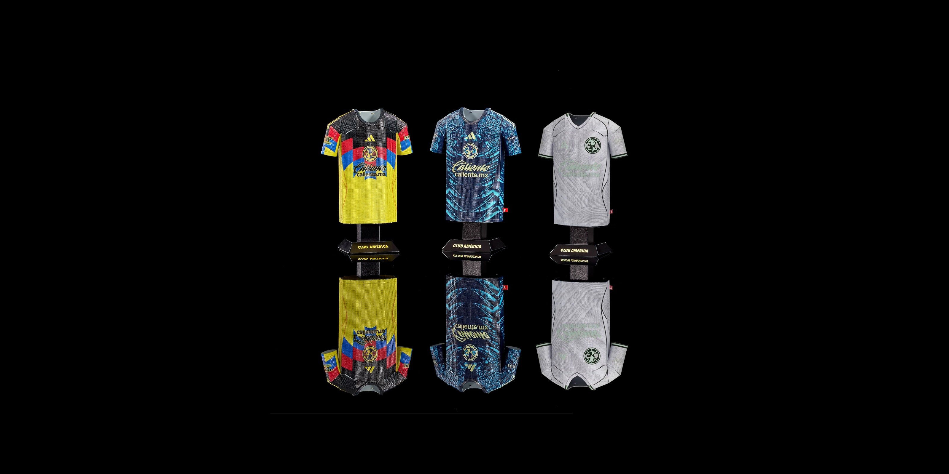 Three sports jerseys displayed on a black background