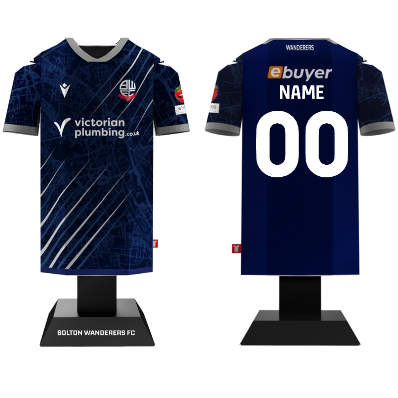 Blue sports jersey with branding on a white background