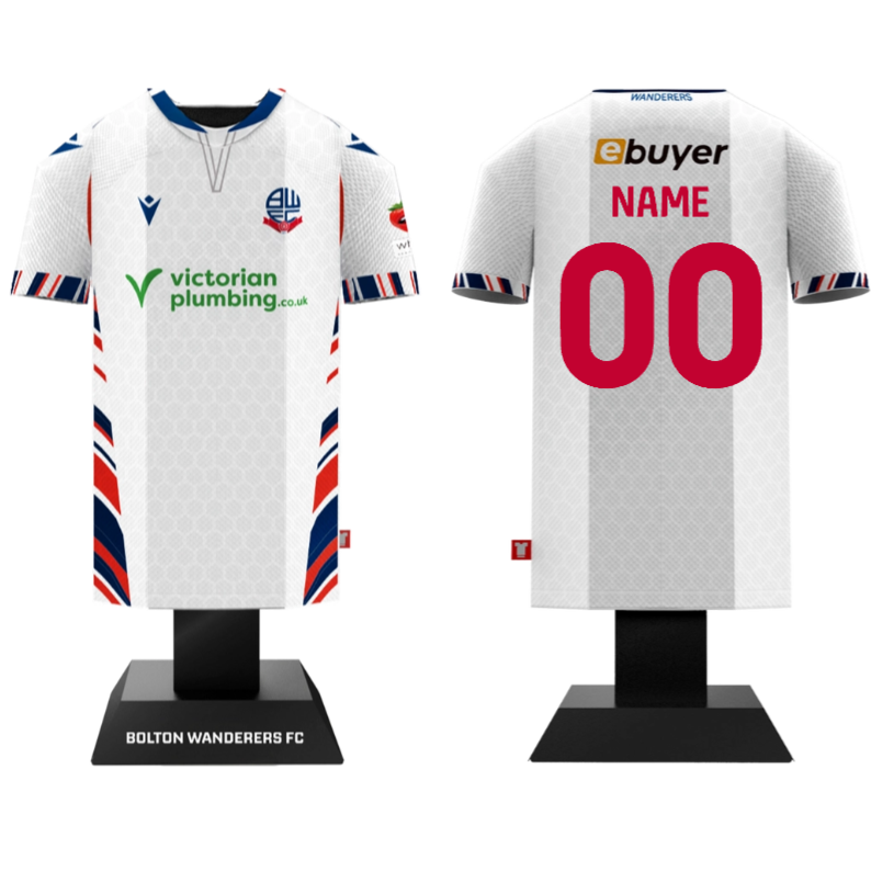 White sports jersey with branding on a black stand against a white background