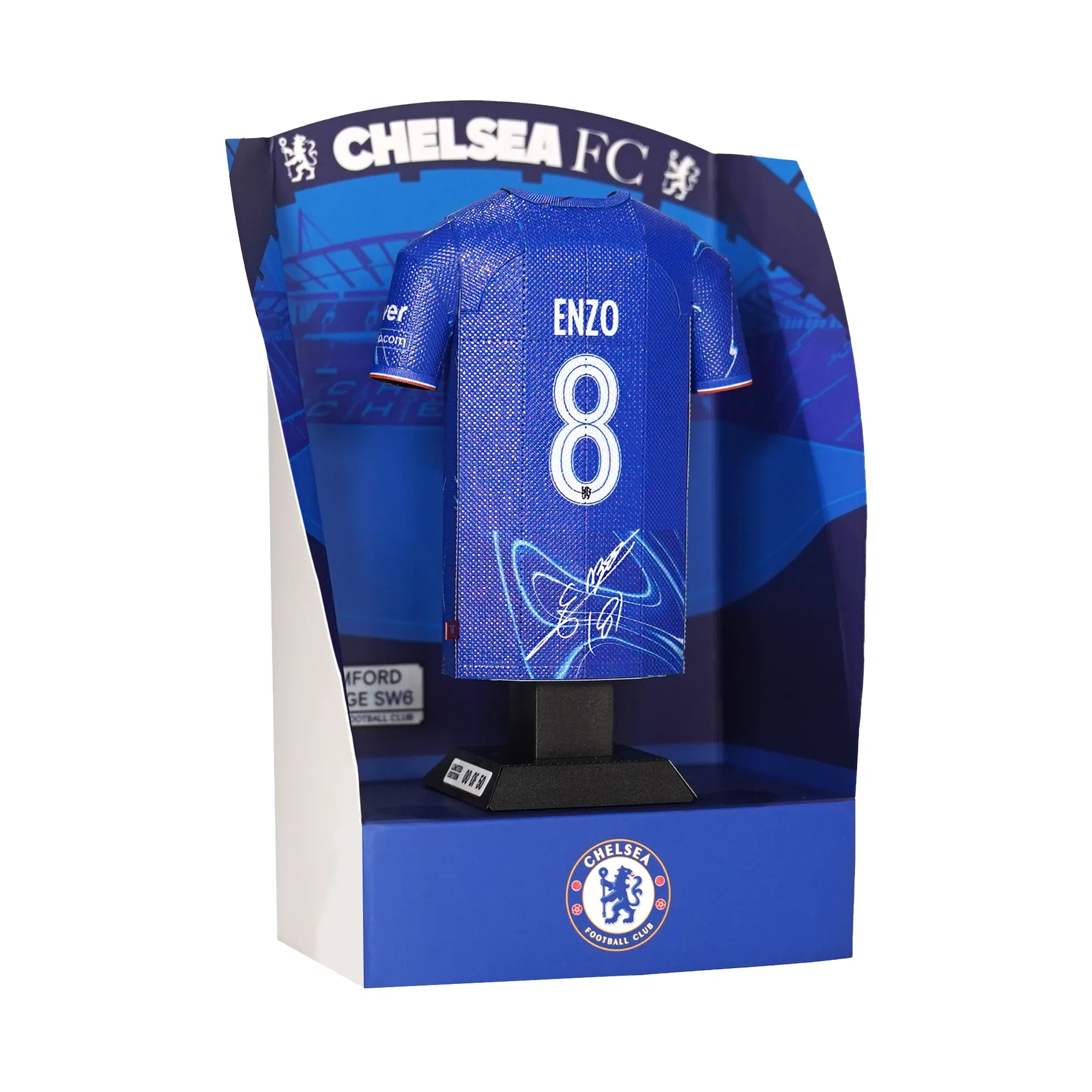 Enzo Fernandez Chelsea 24/25 home shirt with signature and number on the back of the shirt.