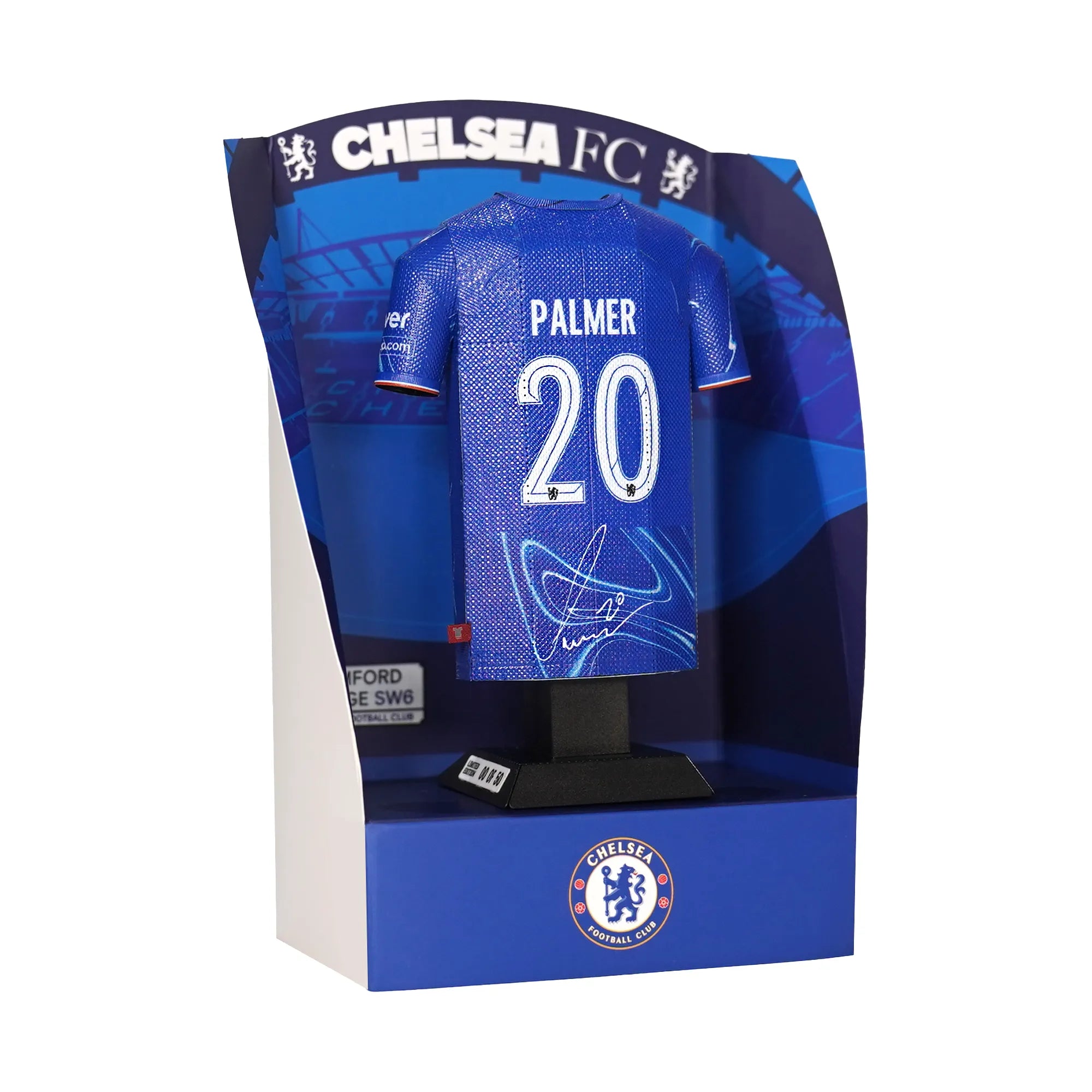 Cole Palmer Chelsea Home shirt with Signature on the back, on display stand.