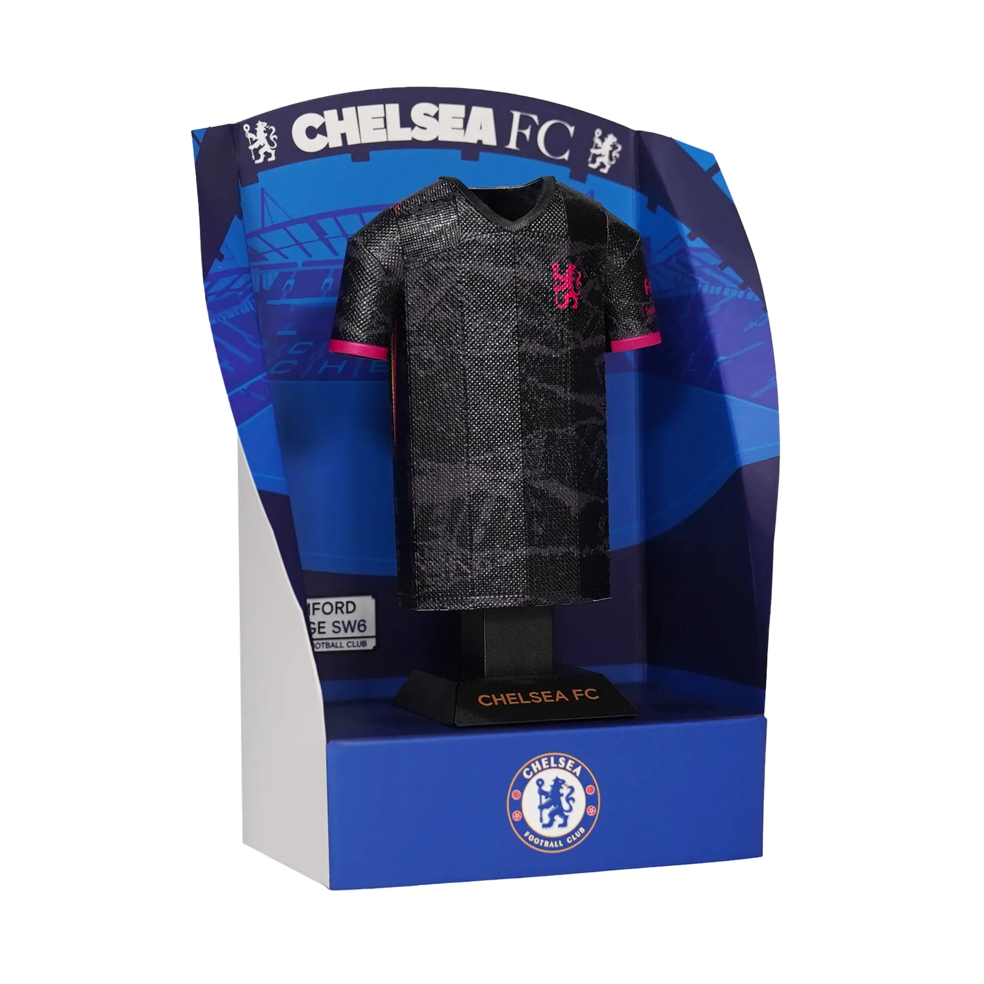 Chelsea 24/25 third shirt collectible on display stand.