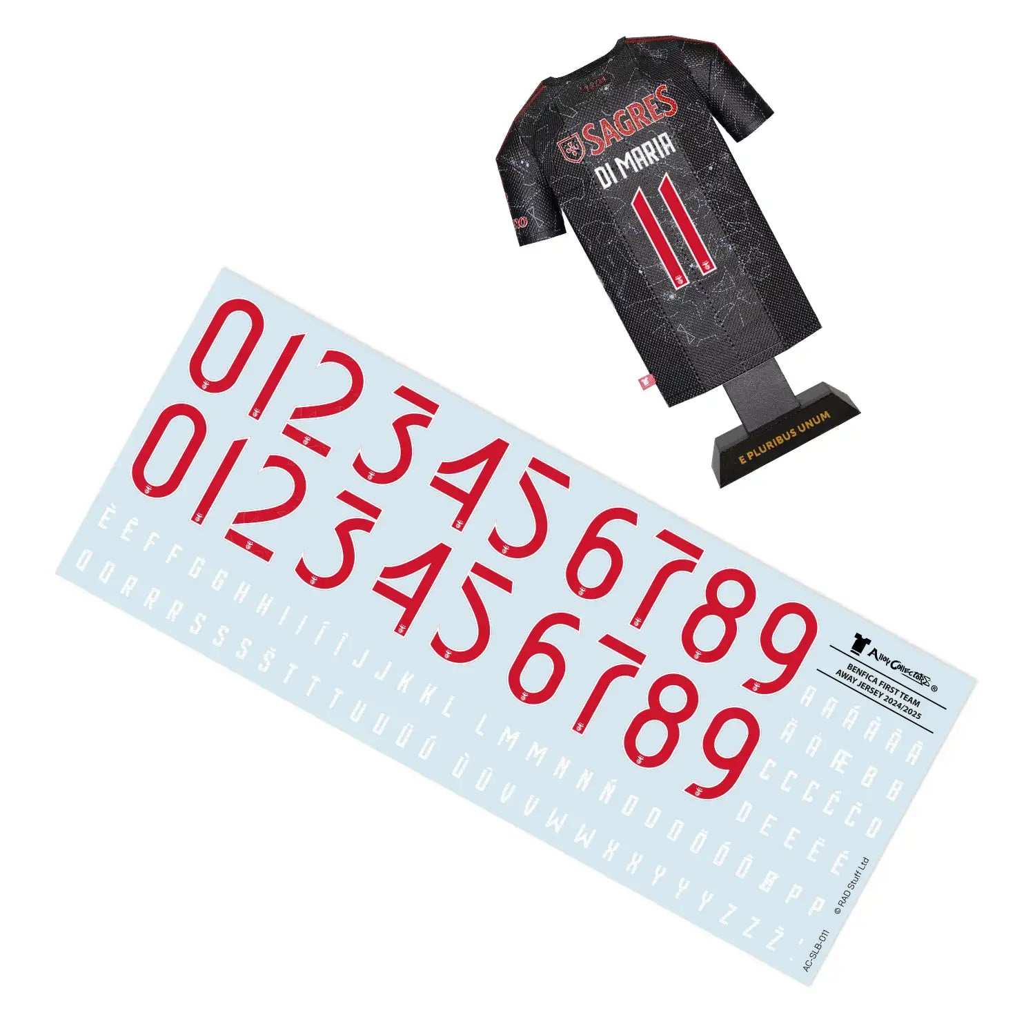 Benfica 24/25 away jersey with Di Maria on the back and decal sheet with alphabet and numbers for personalisation