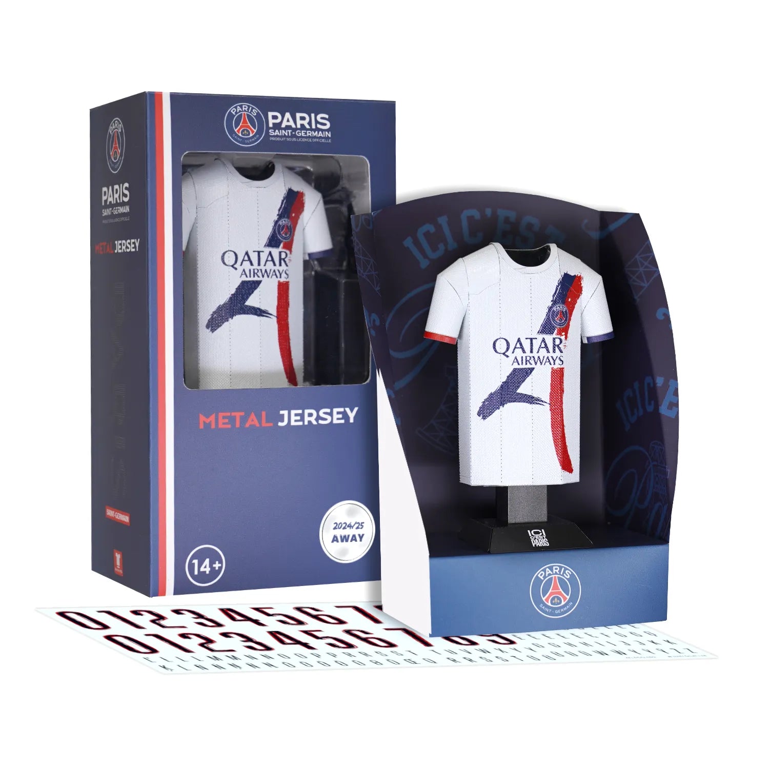 PSG 24/25 Away Jersey collectible with packaging and decal sheet