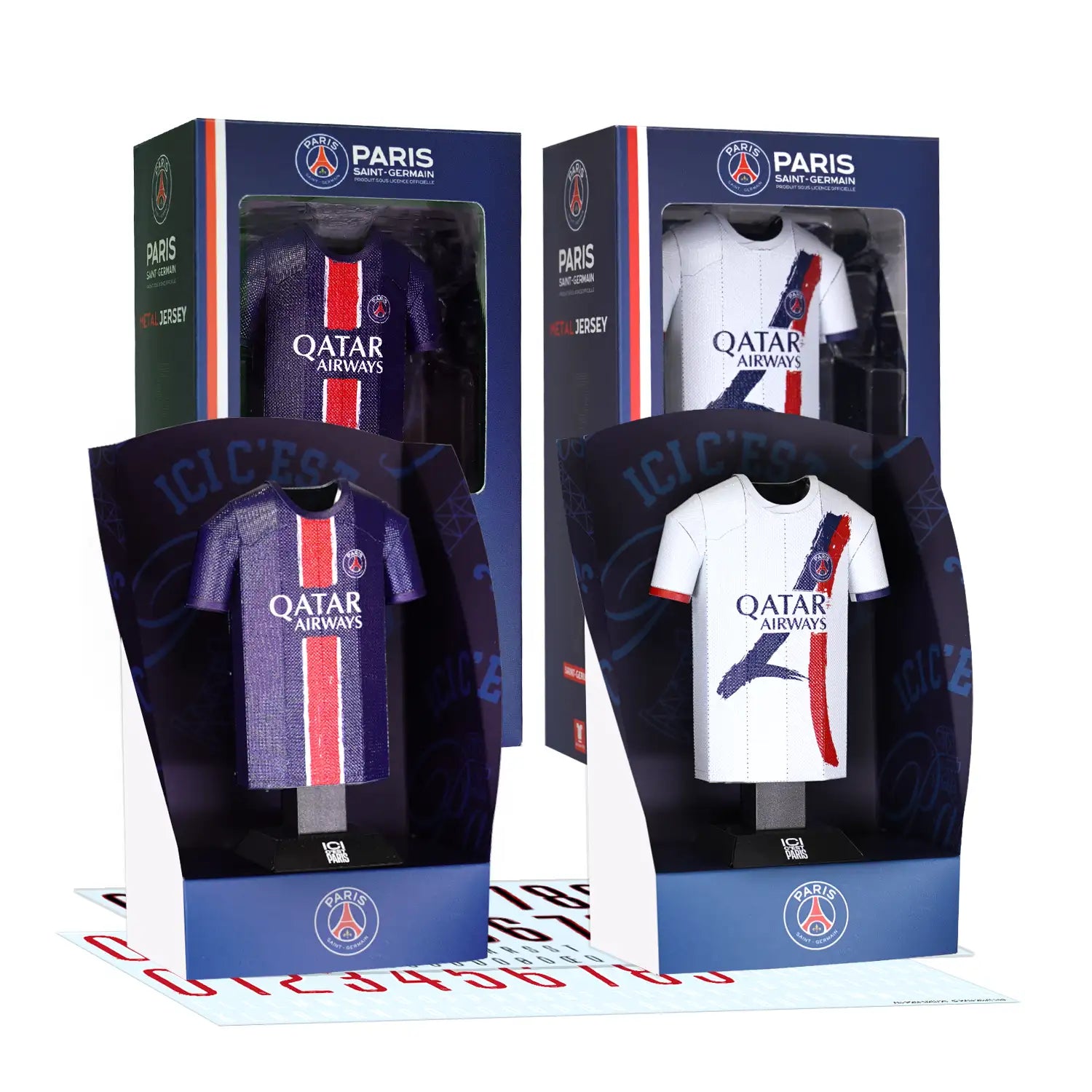 PSG home and away jersey collectible bundle with packaging and decal sheet