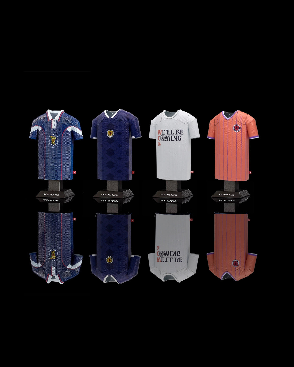Set of five sports jerseys on black stands with a dark background