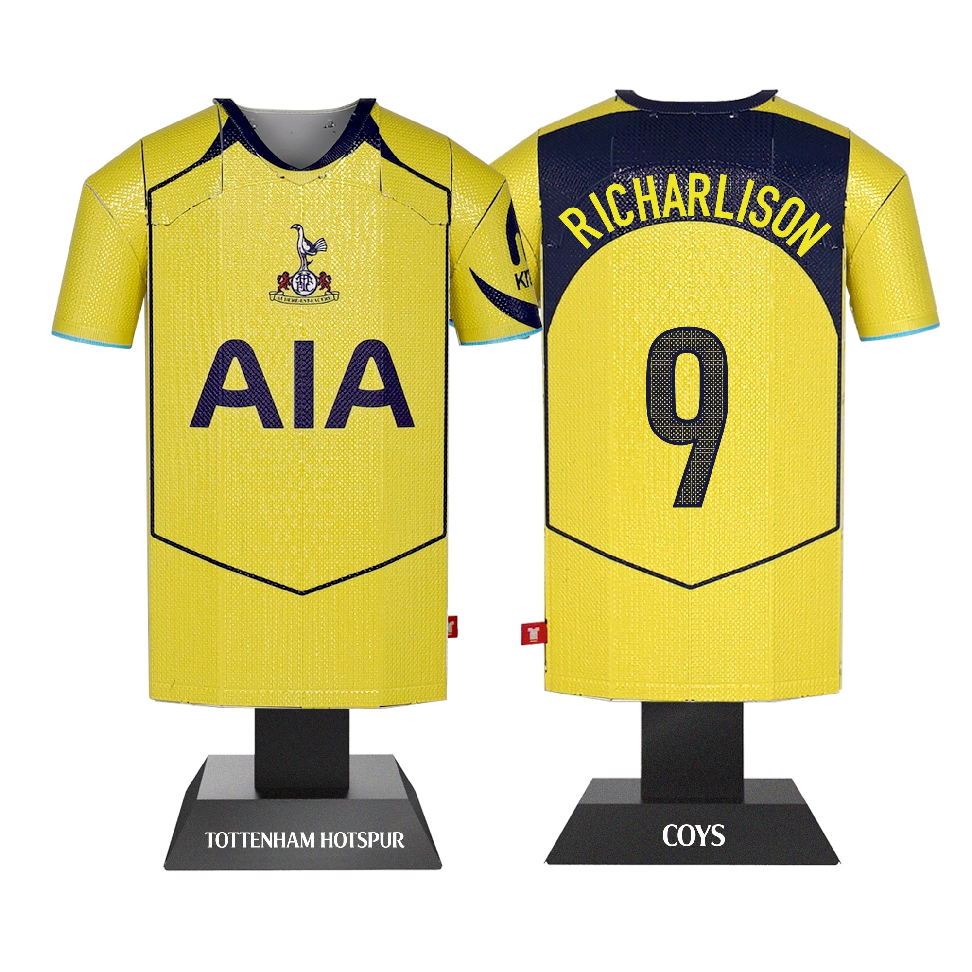 Yellow Tottenham Hotspur football jersey with 'AIA' and 'Richardson 9' on a stand