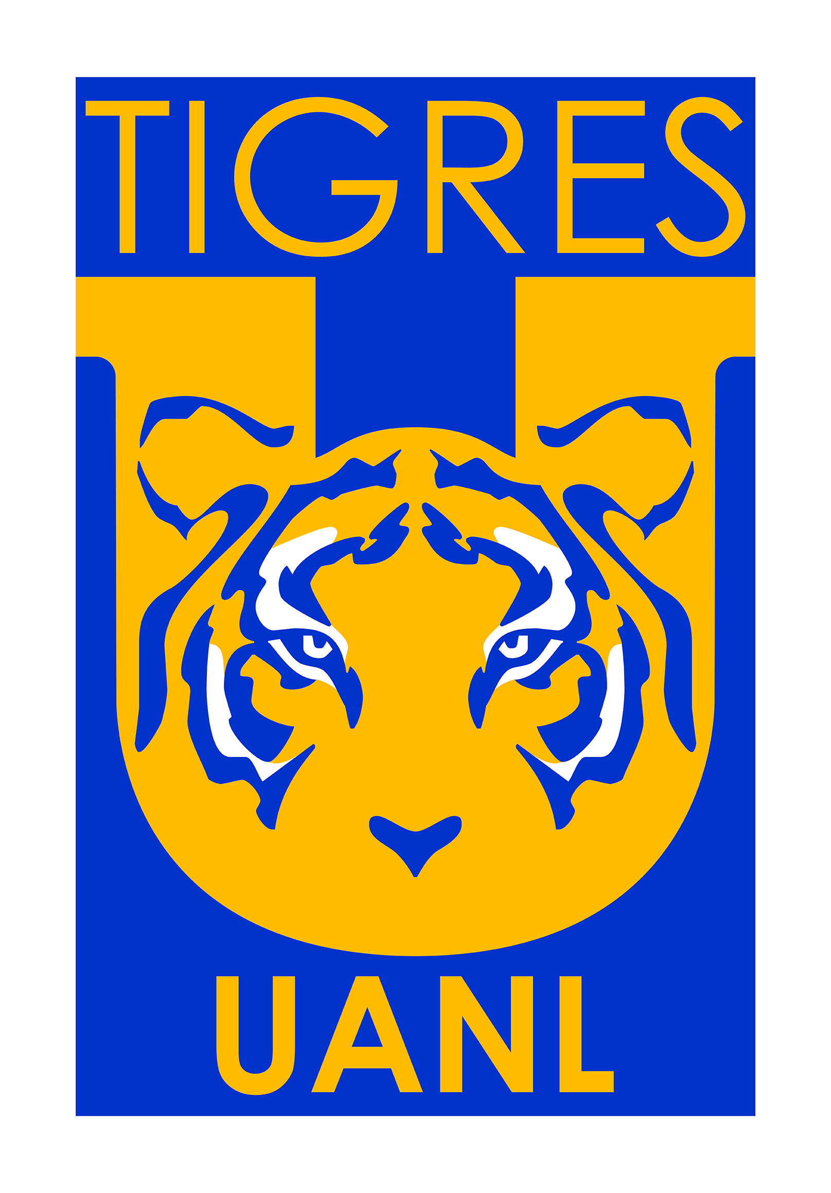 A blue and yellow graphic featuring the word 'TIGRES' at the top, a stylized tiger face over a large yellow 'U' shape in the center, and 'UANL' at the bottom.