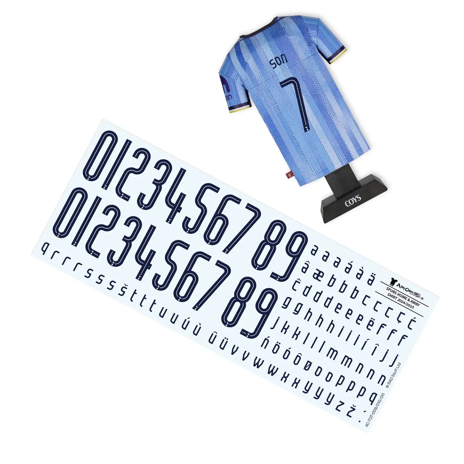 Tottenham 24/25 Away shirt collectible with Son on the back and decal sheet with alphabet and numbers for personalisation