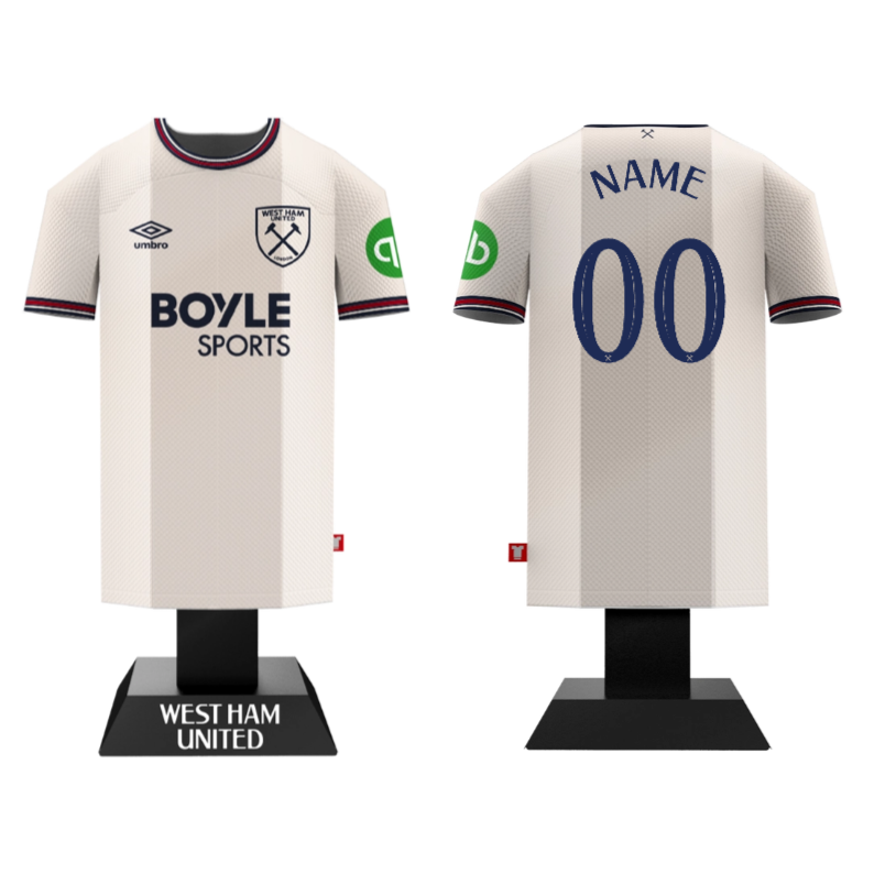 West Ham United sports jersey on a mannequin with branding and text.