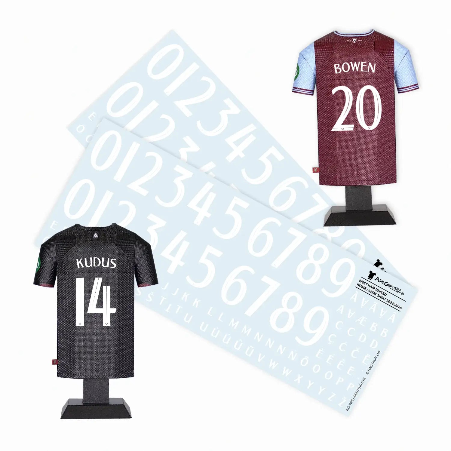 West Ham 24/25 home and away shirt collectible with Bowen and Kudus personalisation