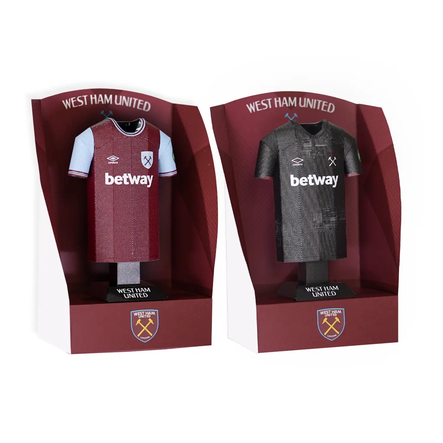 West Ham 24/25 home and away shirt collectibles on display stands