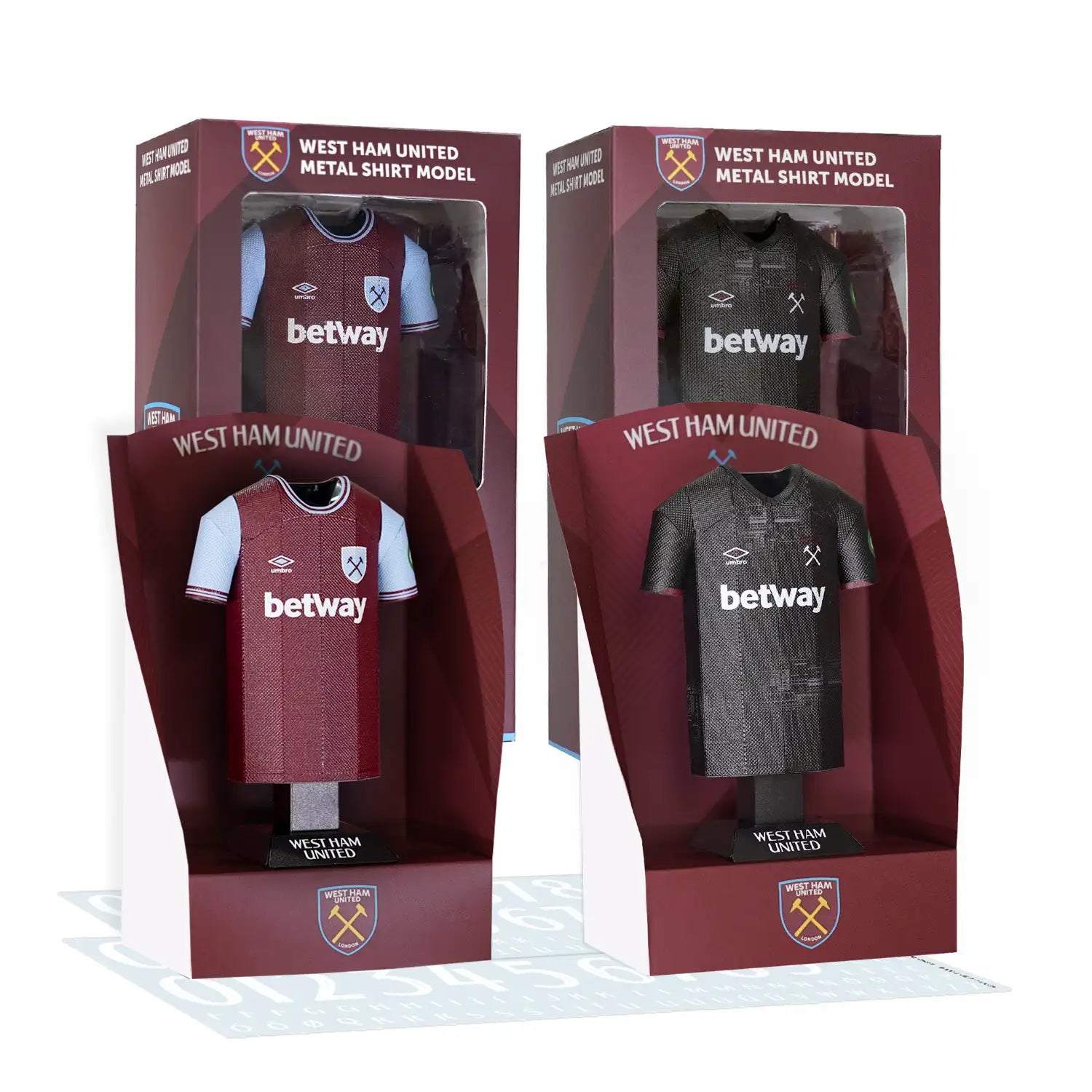 West Ham 24/25 home and away shirt collectibles made from metal