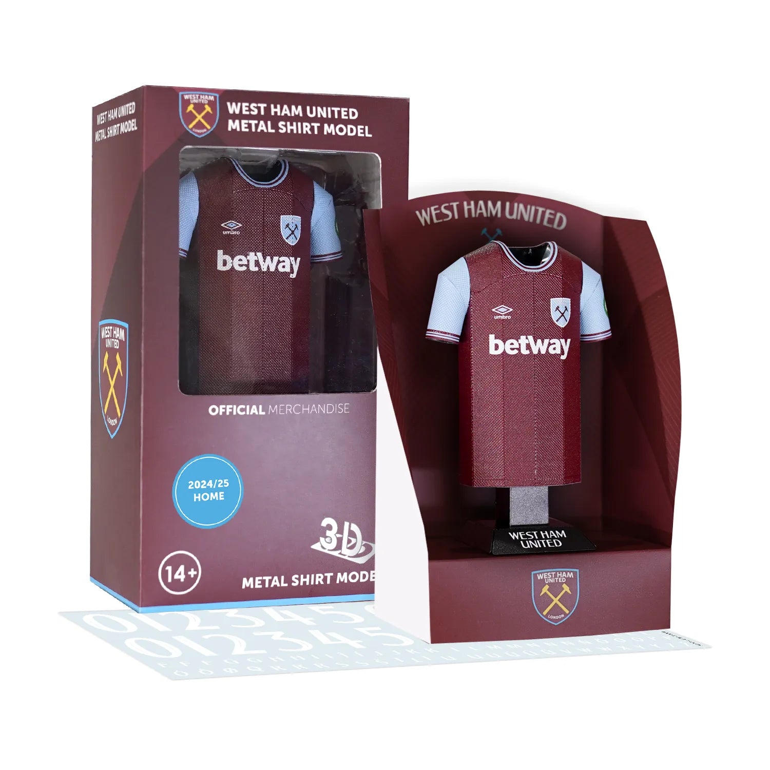 West Ham 24/25 home shirt collectible with packaging and decal sheet