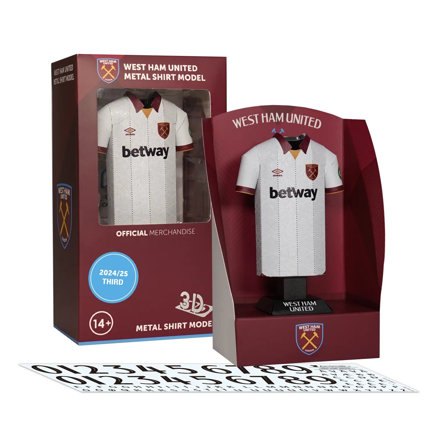 West Ham 24/25 third shirt collectible, made from metal, with packaging and decal sheet