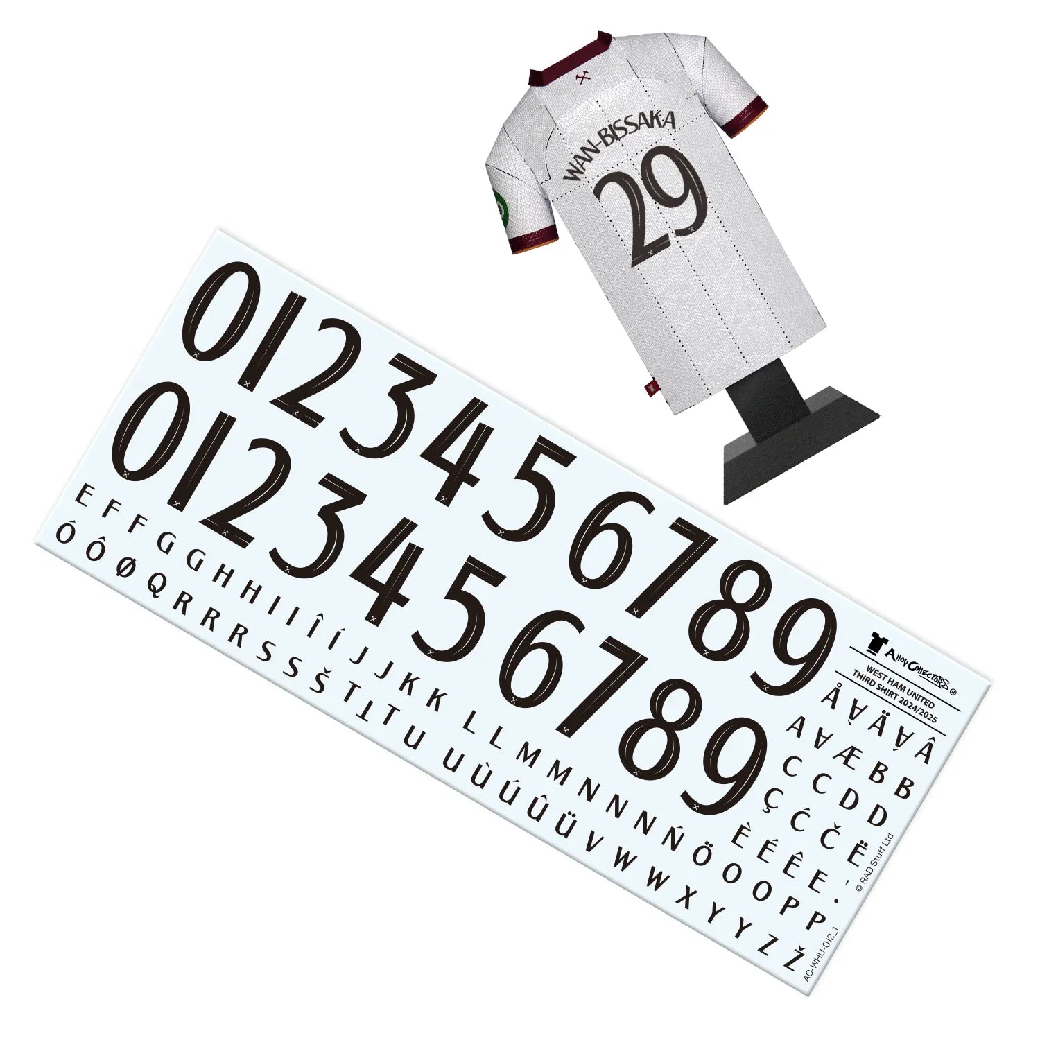 West Ham 24/25 Third shirt collectible, made from metal, with WanBissaka on the back and showing decal sheet with letters and numbers