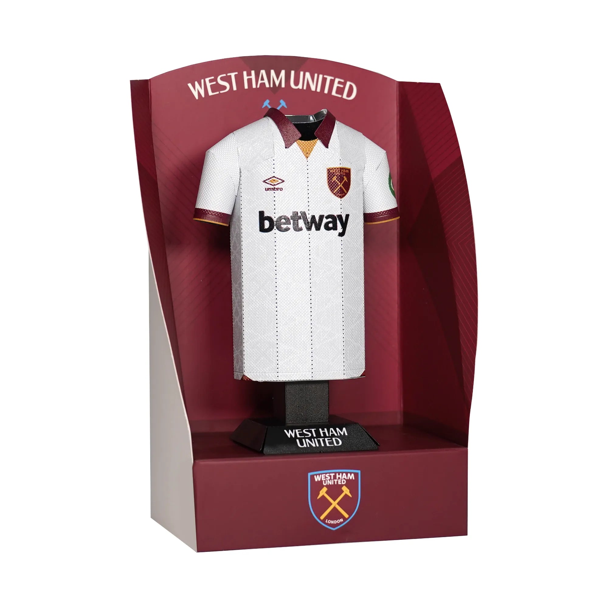 West Ham 24/25 Third shirt collectible, made from metal, on display stand.